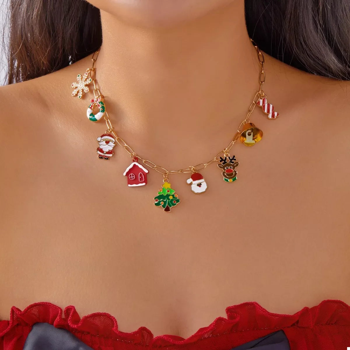 18K Gold-Plated Christmas Charm Necklace - Holiday Jewelry
