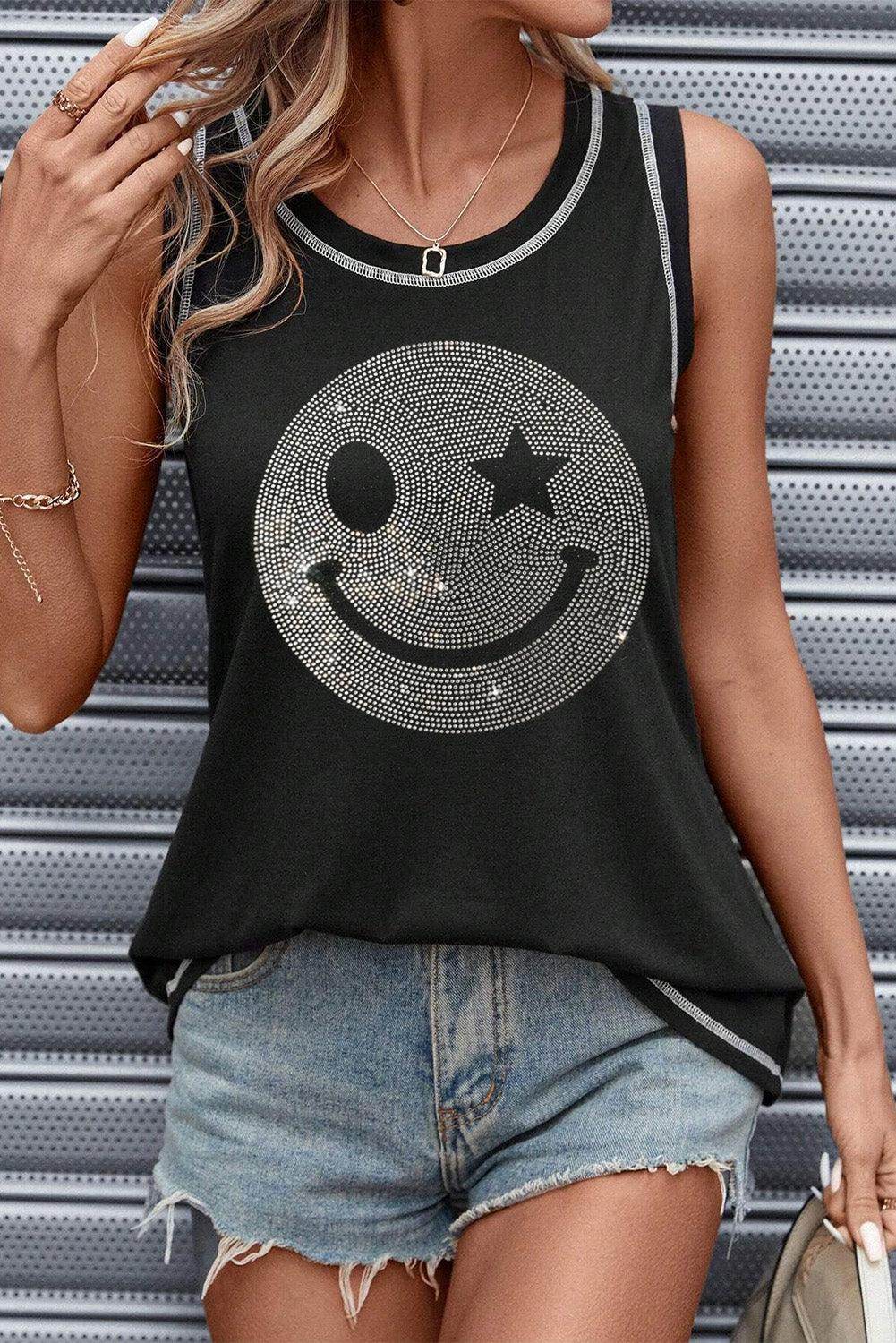 Rhinestone Smile Face Round Neck Tank Top for Women