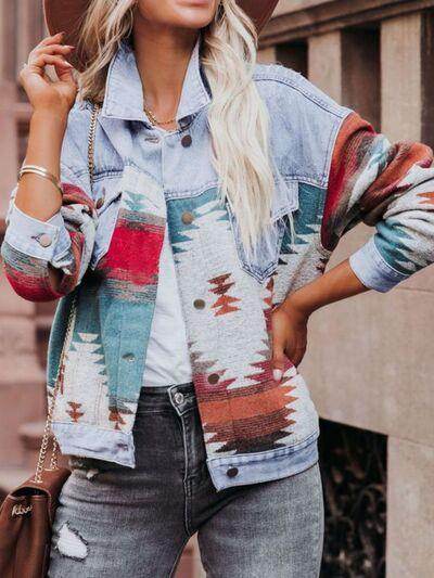 Geometric Button Up Long Sleeve Denim Jacket for Women