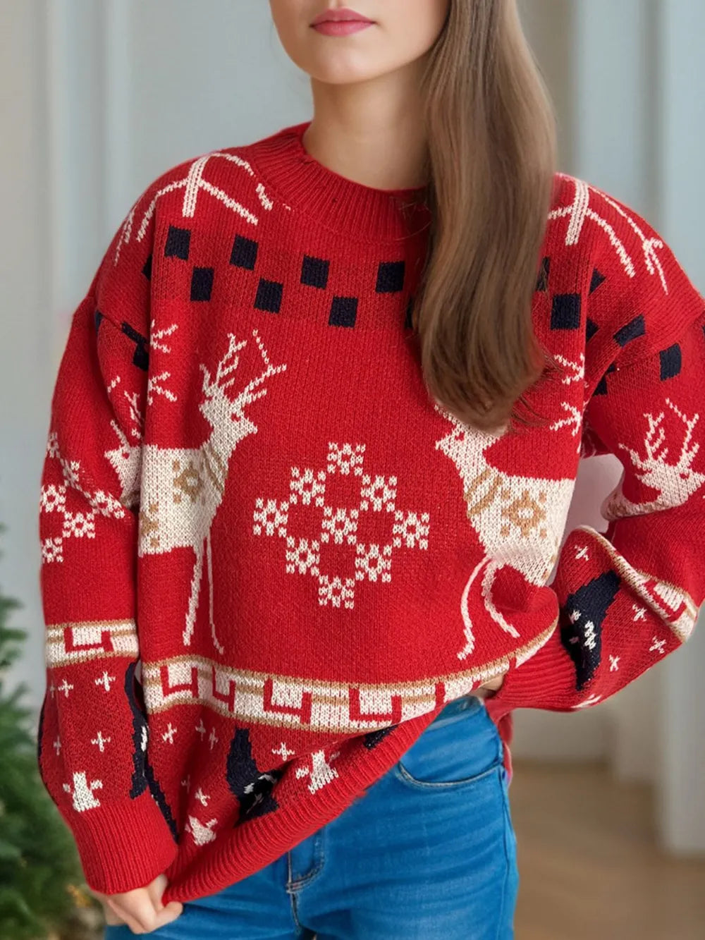 Christmas Element Round Neck Long Sleeve Sweater - Holiday Knitwear