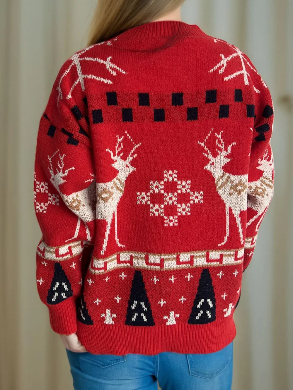 Christmas Element Round Neck Long Sleeve Sweater - Holiday Knitwear