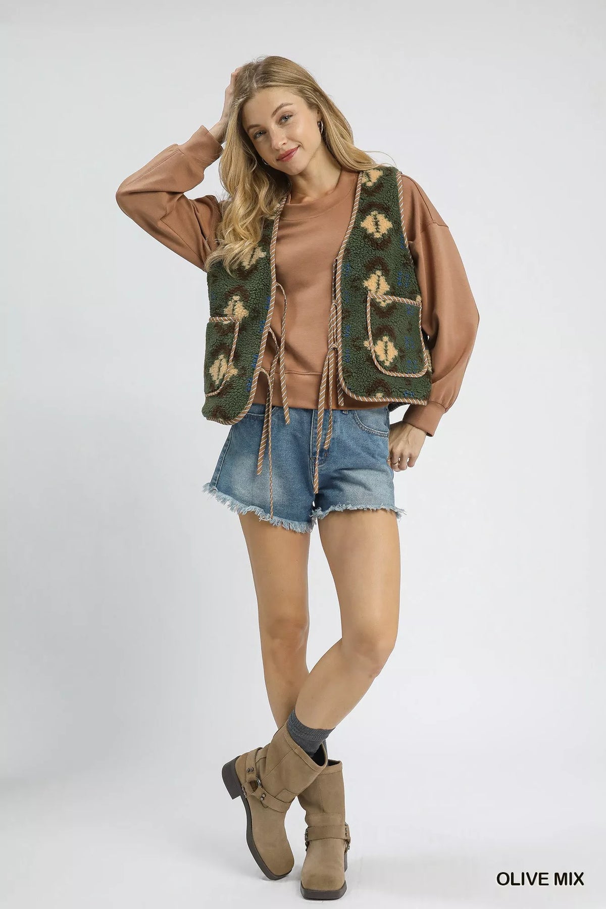 Umgee Mix Patterned Sherpa Tie-Front Vest