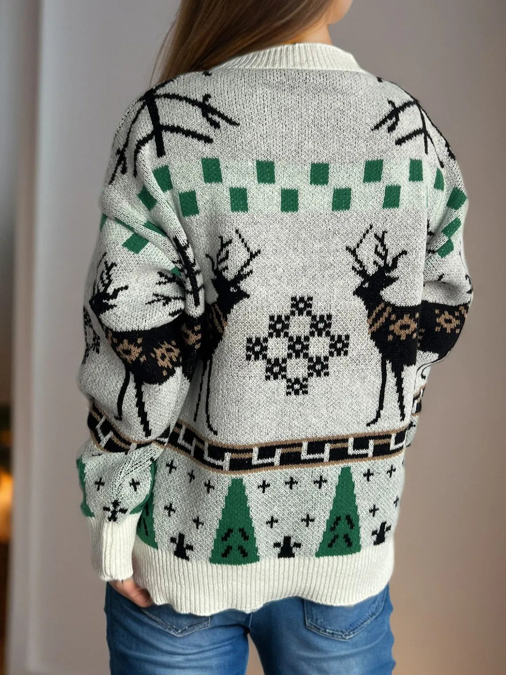 Christmas Element Round Neck Long Sleeve Sweater - Holiday Knitwear