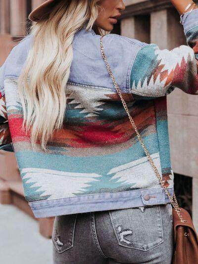 Geometric Button Up Long Sleeve Denim Jacket for Women