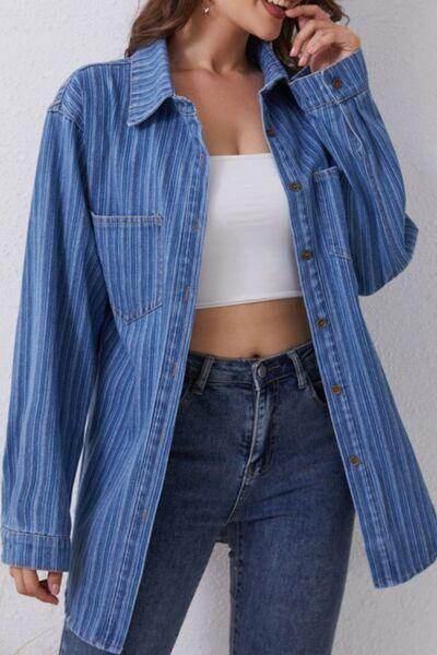 Striped Texture Collared Neck Denim Top for Effortless Style