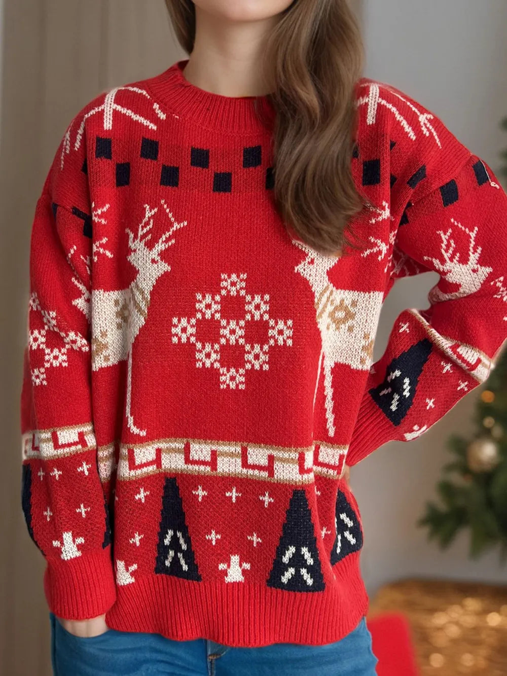 Christmas Element Round Neck Long Sleeve Sweater - Holiday Knitwear