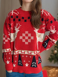 Christmas Element Round Neck Long Sleeve Sweater - Holiday Knitwear