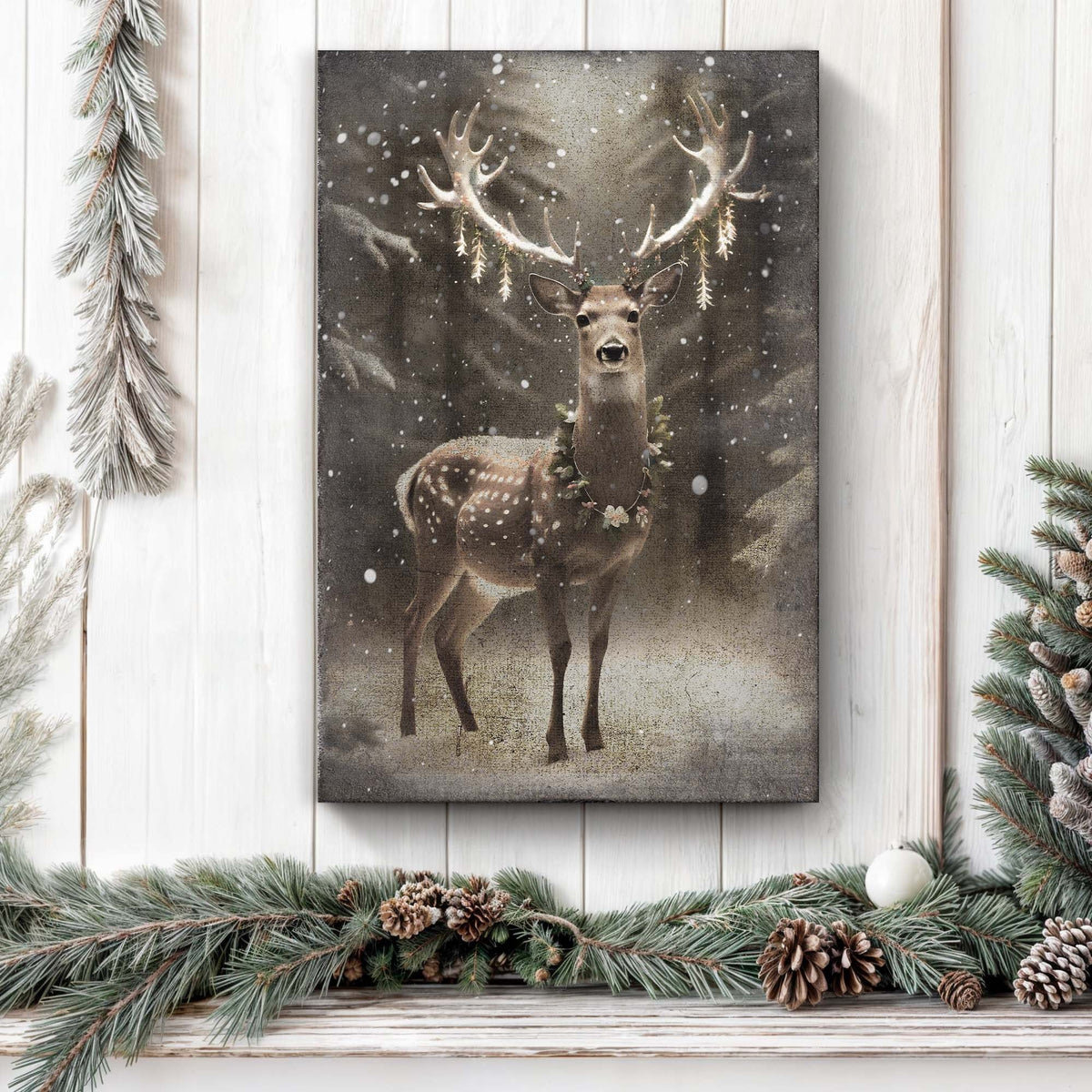 Vintage Winter Deer Christmas Wall Art — Rustic Holiday Canvas Print